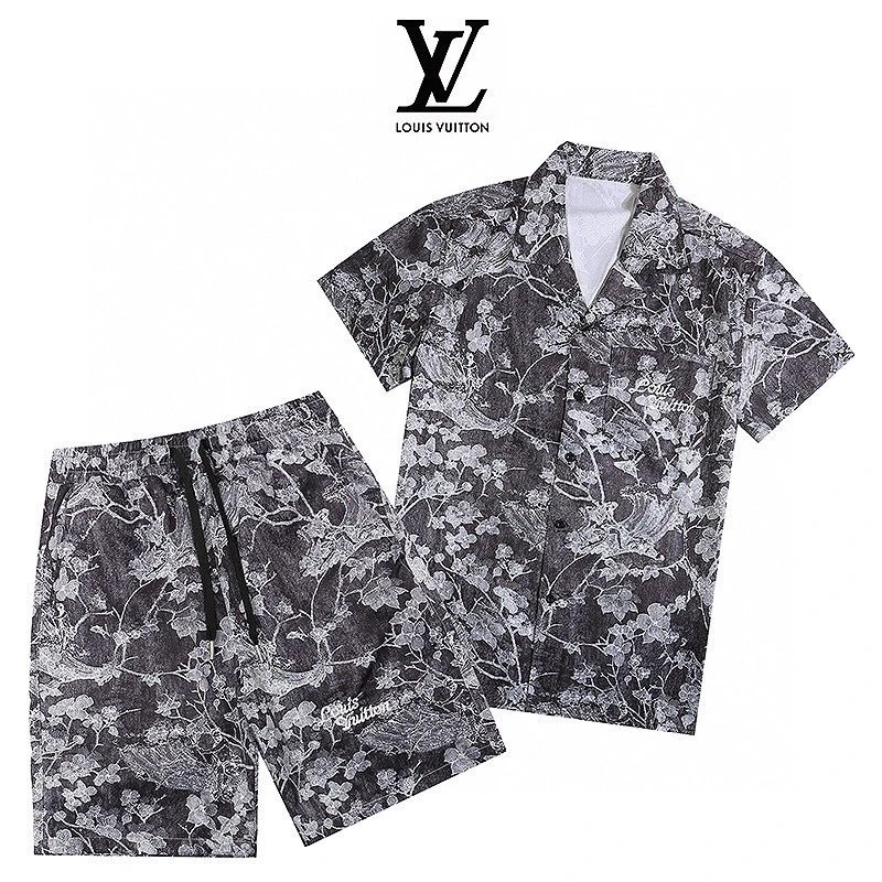 LV-花式印花沙滩短袖衬衫套装